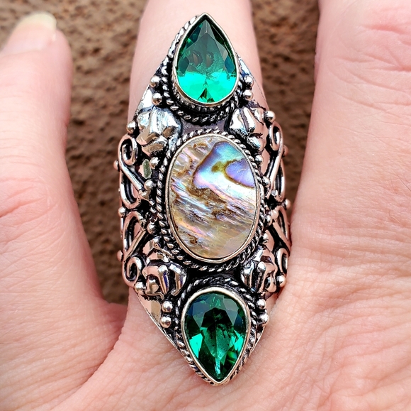 New Abalone Shell & Peridot 925 Silver Statement Ring. - Picture 12 of 16